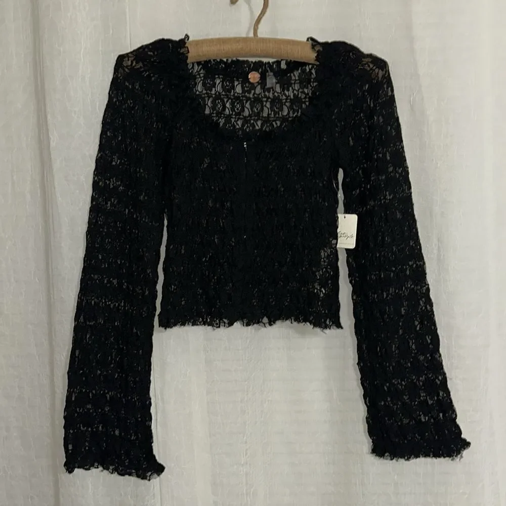 free people XS-S Madison Black Hook Eye Cropped Bell Sleeve Lace Top